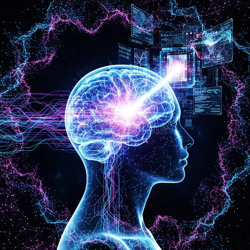 stylized glowing side profile human head brain illuminated brilliant light beam symbolizing thought digital 413653896